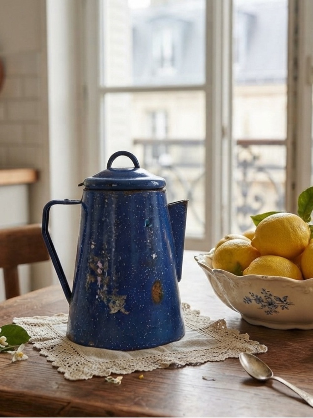 Vintage Medium Cobalt Blue White Enamel Graniteware Camp Coffee Pot Percolator